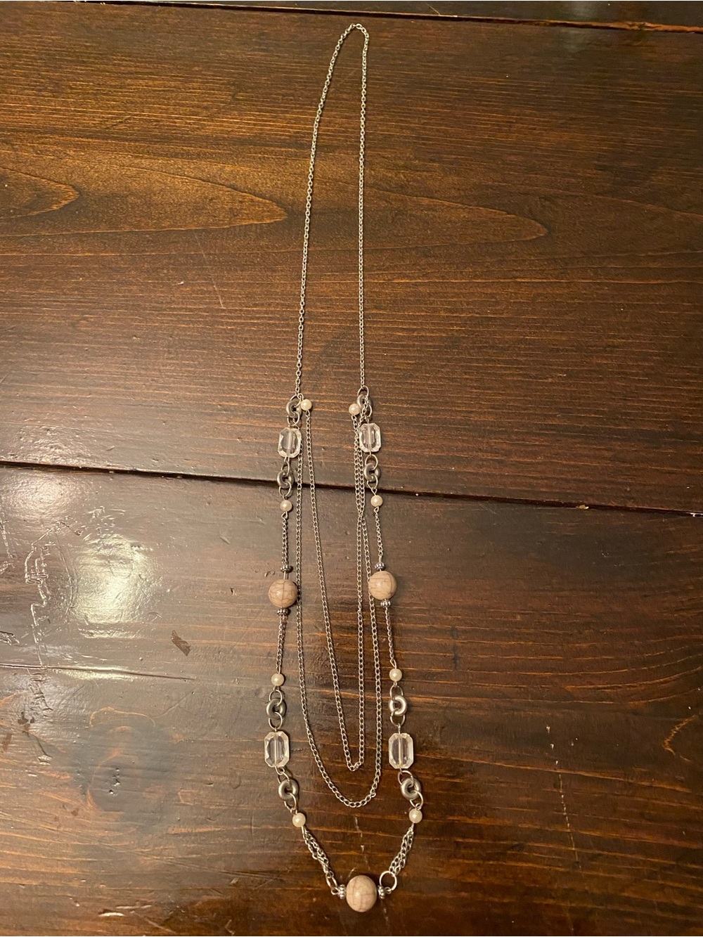 Silver Multi-Strand Necklace with Tan Beads